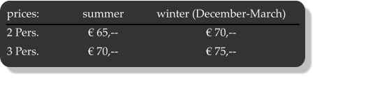 prices:	summer	winter (December-March) 2 Pers.	€ 65,--	€ 70,--	 3 Pers.	€ 70,--	€ 75,--