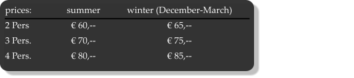 prices:	summer	winter (December-March)	 2 Pers	€ 60,--	€ 65,--	 3 Pers.	€ 70,--	€ 75,-- 4 Pers.	€ 80,--	€ 85,--